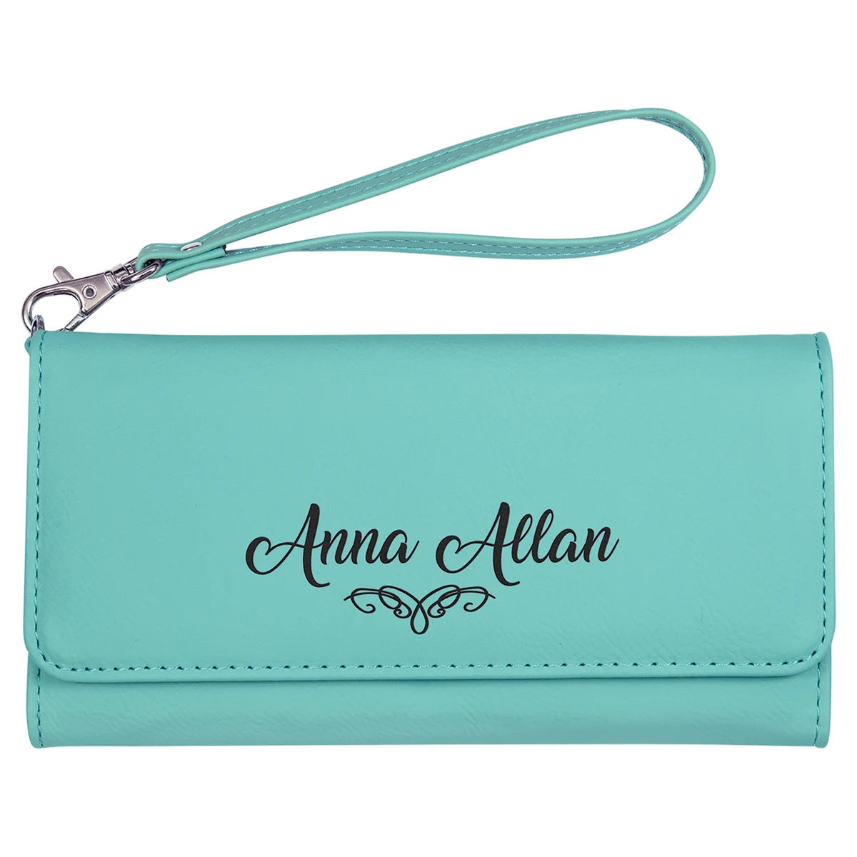 7 1/2" x 4" Teal Leatherette Wallet with Strap 1