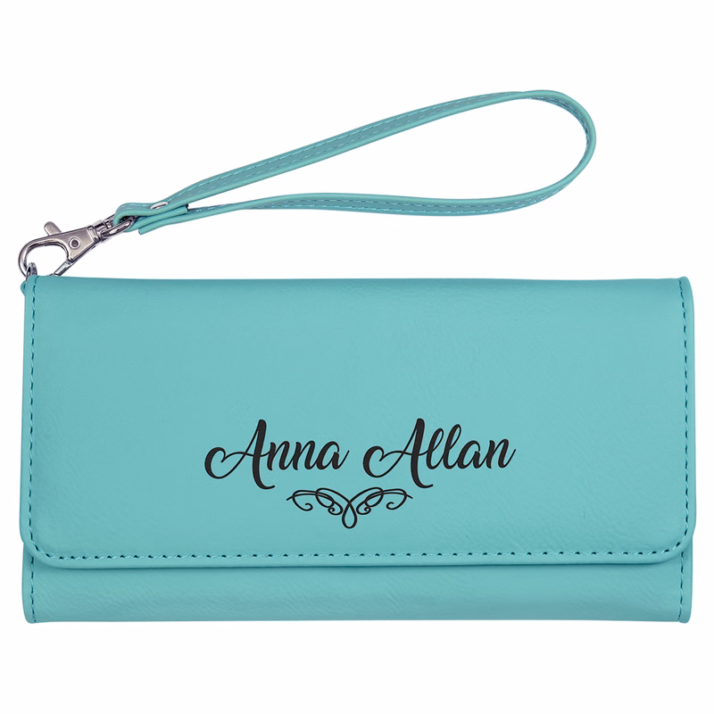 7 1/2" x 4" Teal Leatherette Wallet with Strap