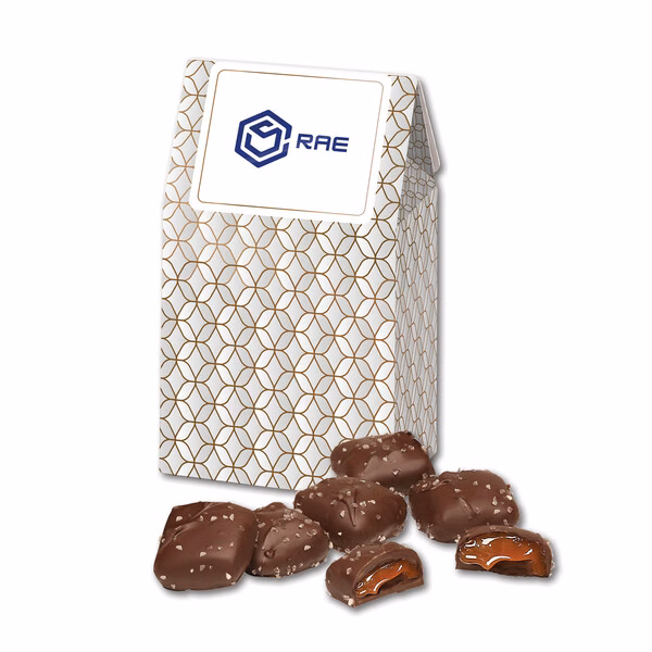 Chocolate Sea Salt Caramels in Silver & Gold Geometric Gable Top Gift Box