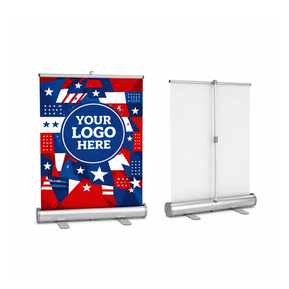 PROMO ROLL UP BANNER INCLUDES STAND AND VINYL FABRIC UV PRINT.EASY SETUP. INCLUDES BAG. 1