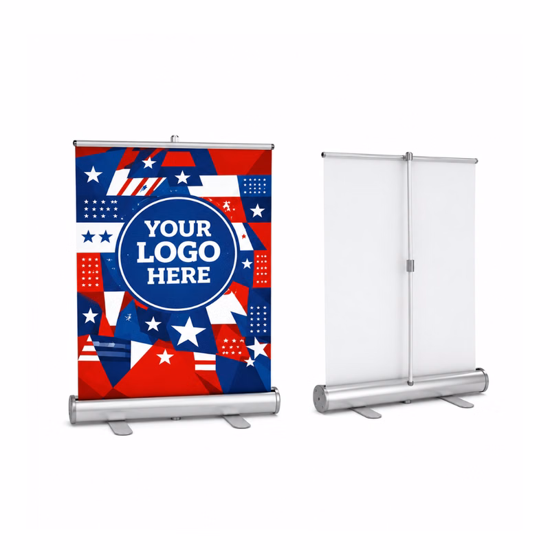 PROMO ROLL UP BANNER INCLUDES STAND AND VINYL FABRIC UV PRINT.EASY SETUP. INCLUDES BAG.