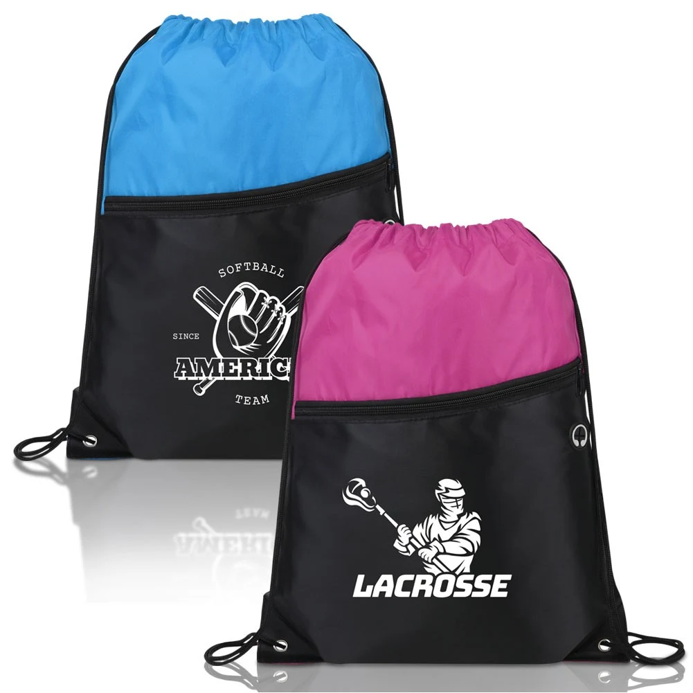 Two Tone Drawstring Backpack With Front Zipper Pocket 1