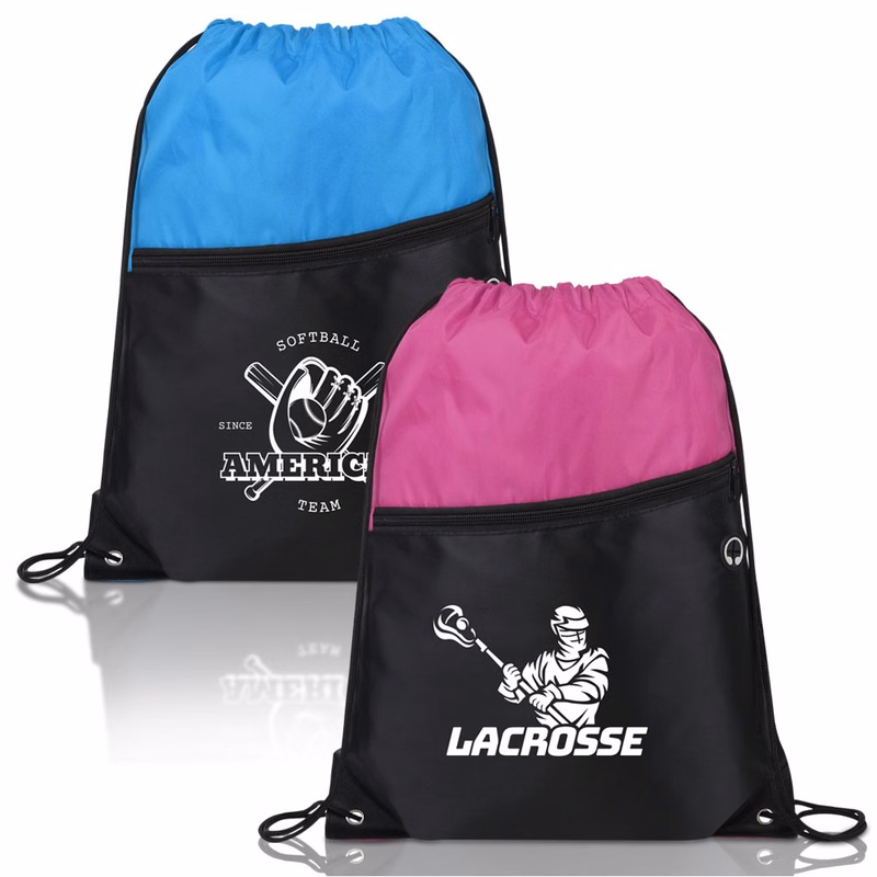 Two Tone Drawstring Backpack With Front Zipper Pocket