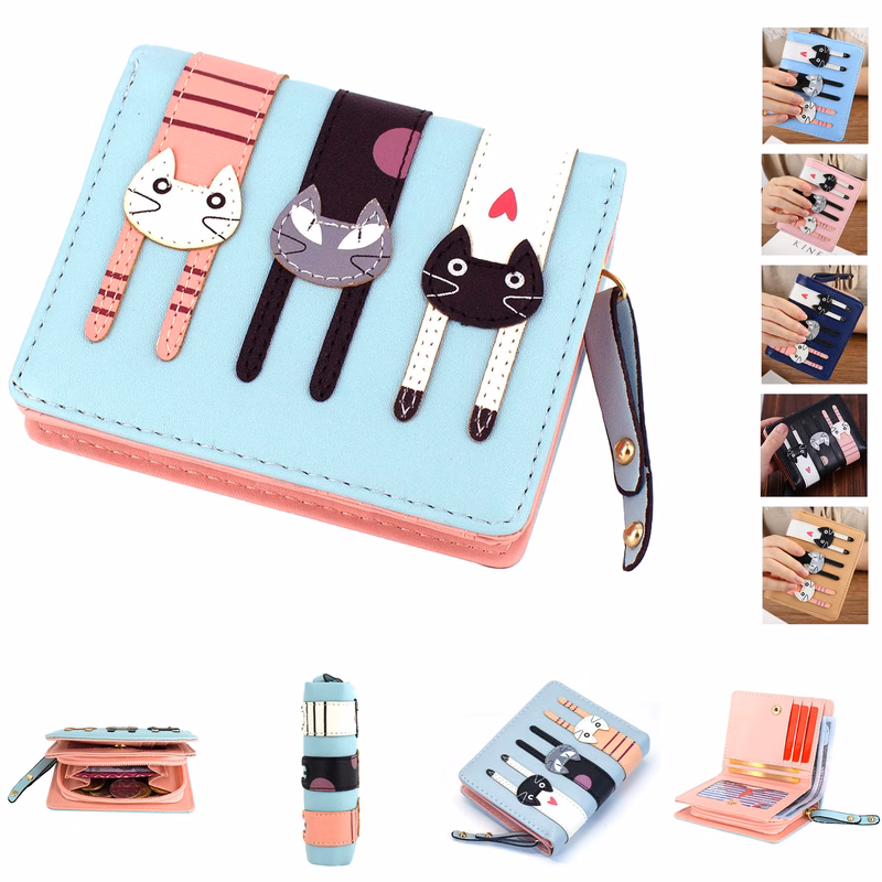 Mini Faux Leather Bifold Cute 3 Cat Zipper Clutch Wallet