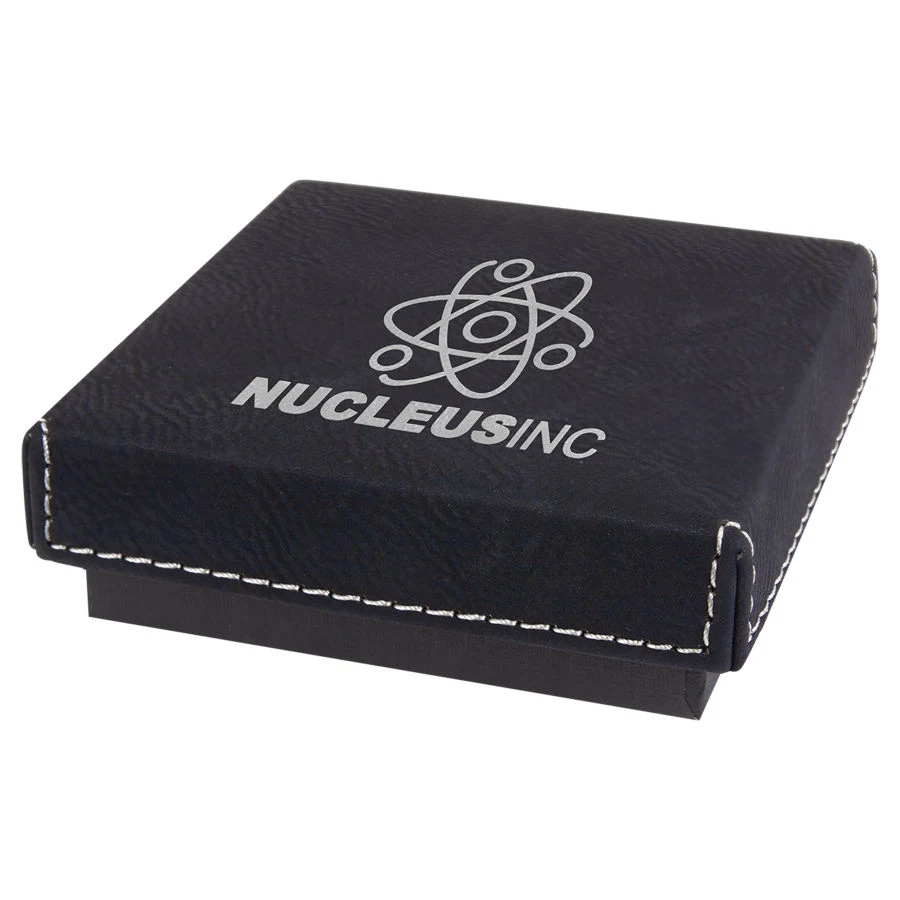 3 1/2" x 3 1/2" Black/Silver Medal Box with Leatherette Lid 1