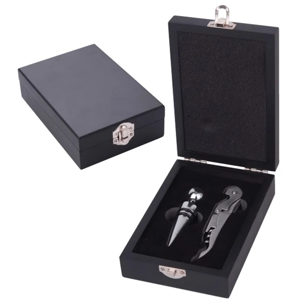 Stainless Steel Wine Opener & Stopper Set in a Wood Case 1