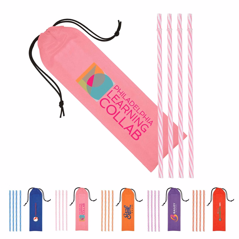 Reusable PP Straw in Full Color Drawstring Pouch