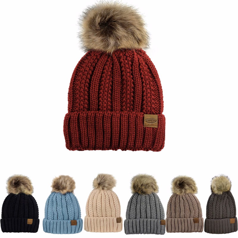 Thick Cable Knit Beanie with Faux Fur Pom & Fleece Lining