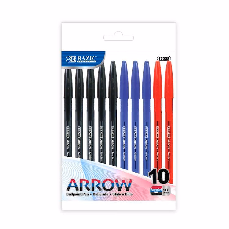 Ballpoint Stick Pens - Red Blue & Black Ink 10 per Pack