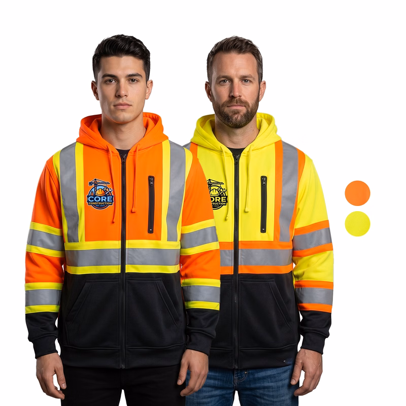 Class 3 Two Tone Reflective Tape Safety Zipper Hoodie with Kangaroo Pocket