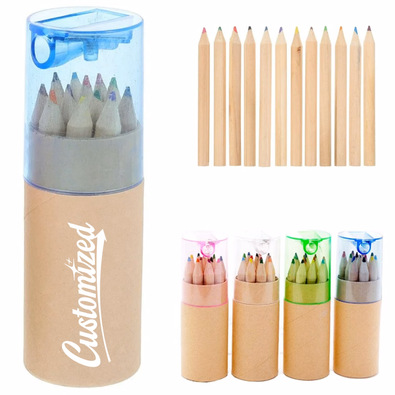 12 Pack Colored Pencil Set in Kraft Tube with Sharpener