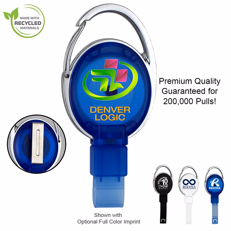 PVC FREE RECYCLED PLASTIC CARABINER BADGE REEL W/METAL CLIP (Patent US 11,974,638 B1)