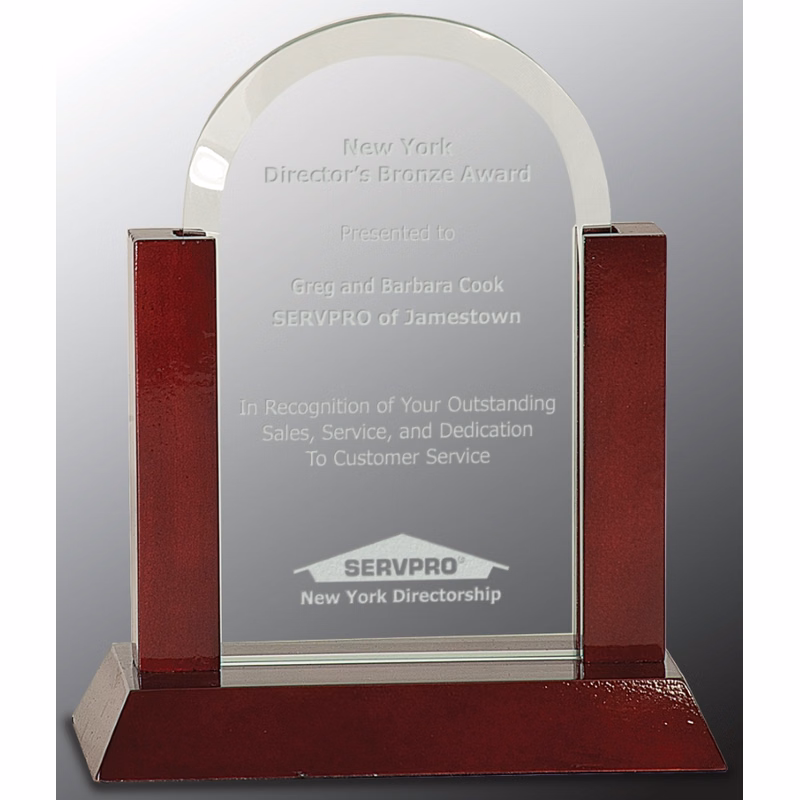 7" Jade Dome Gateway Glass Award with Rosewood Piano Finish Base