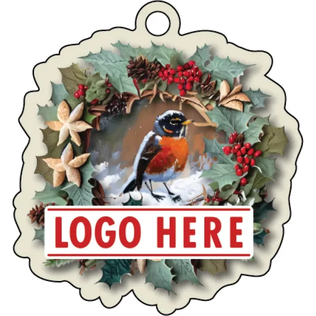 1/4" Recycled Wood Ornaments-Wreath with Bird 1
