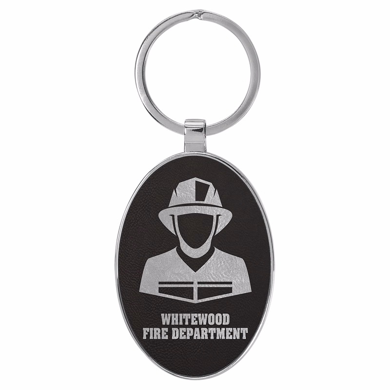 3" x 1 3/4" Leatherette/Metal Black/Silver Oval Keychain