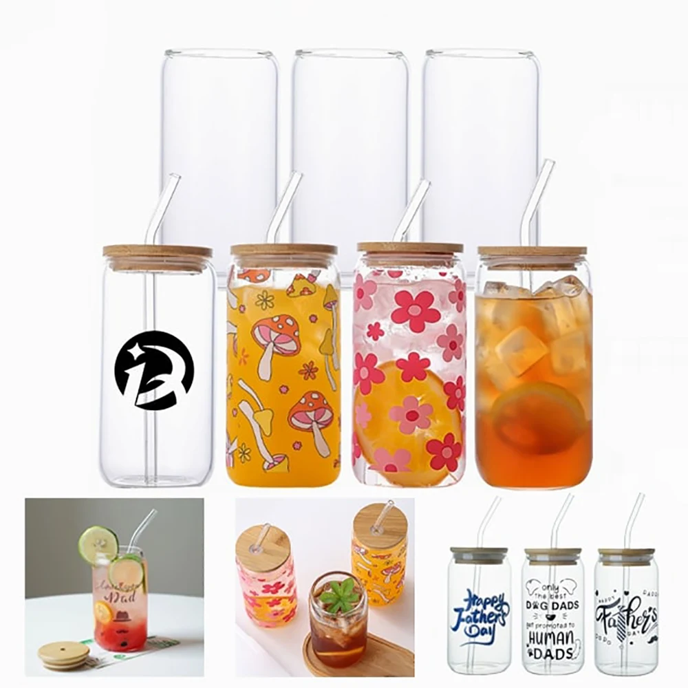 12 oz. Can Shaped Glass Cup w/ Bamboo Lid & Straw 1
