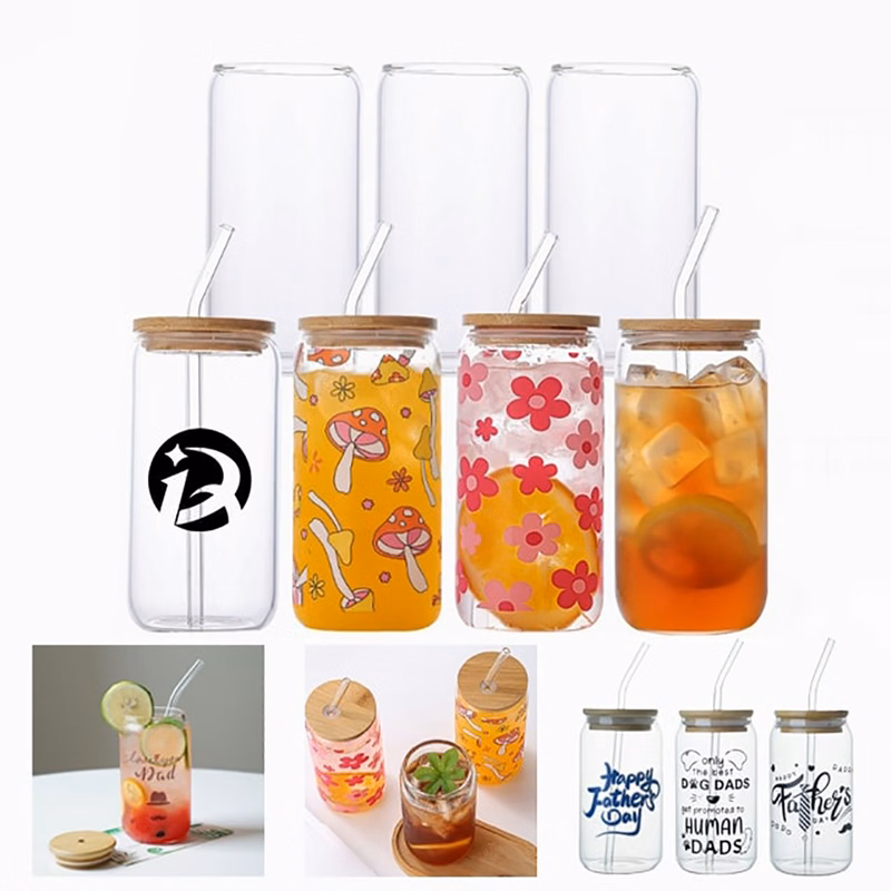 12 oz. Can Shaped Glass Cup w/ Bamboo Lid & Straw
