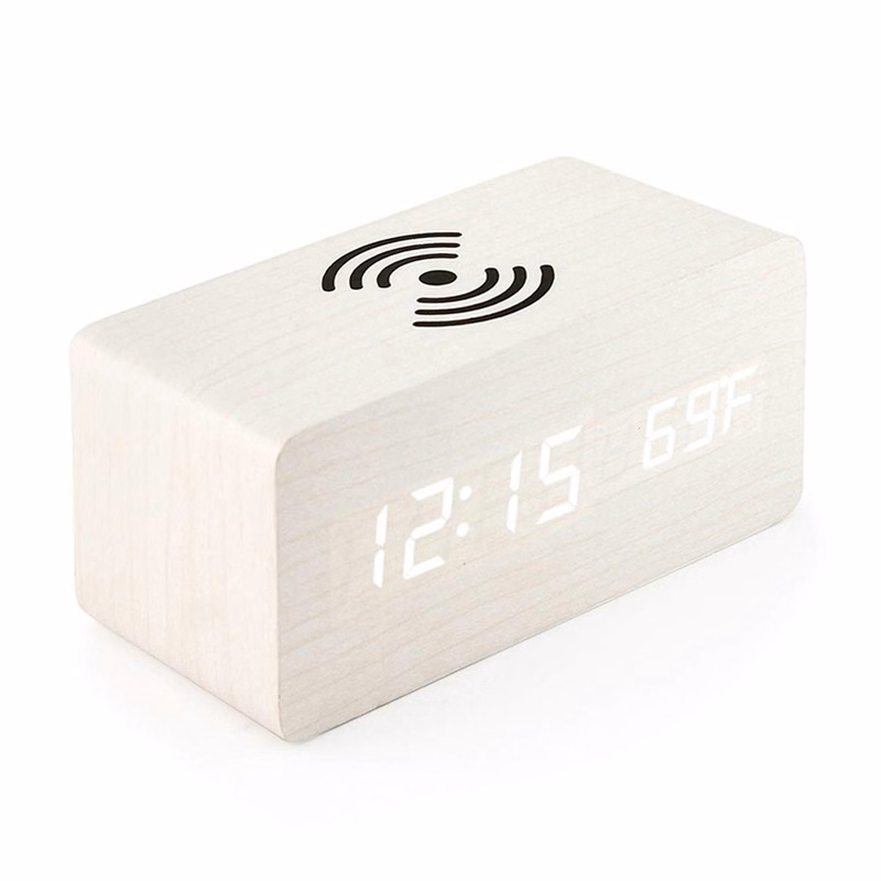 Wooden LED Alarm Clock with Wireless Charger