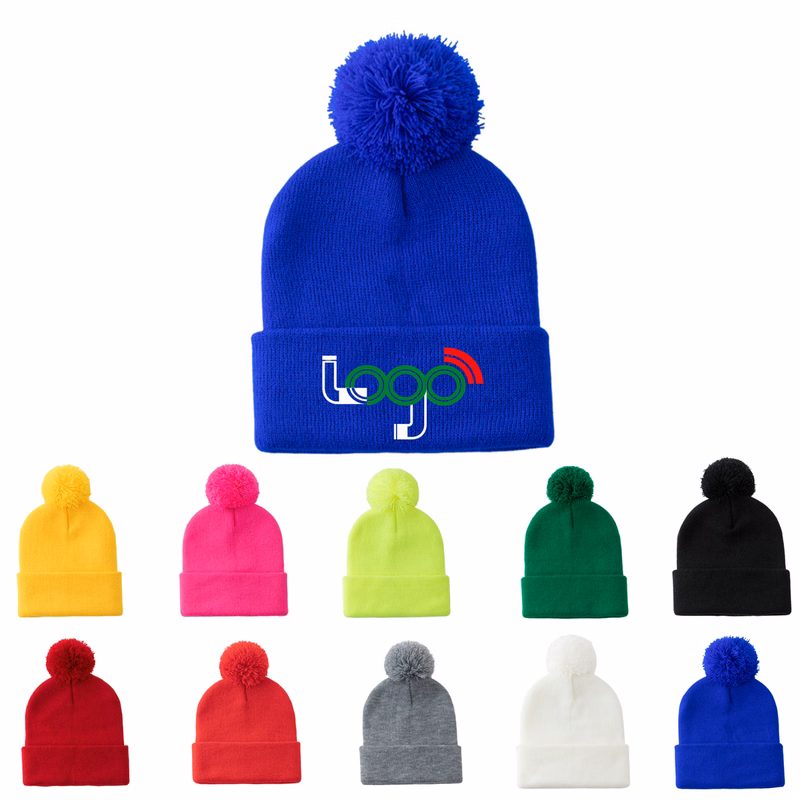 Custom Acrylic Knit Beanie With Yarn Topper