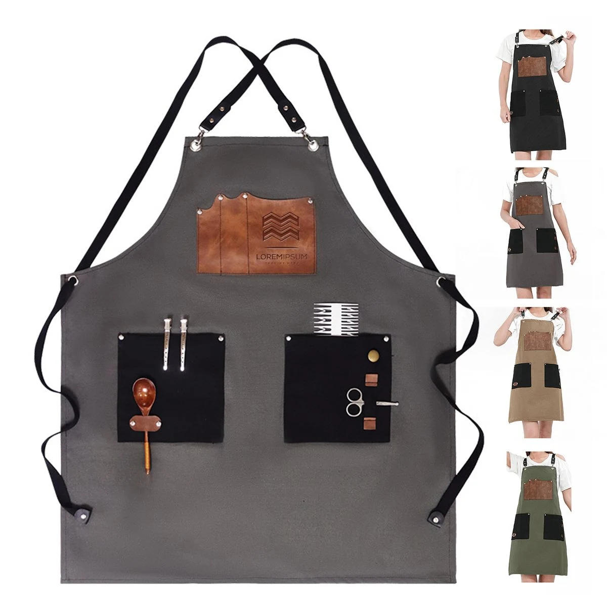 Cotton Canvas Work Apron With PU Leather Pockets 1