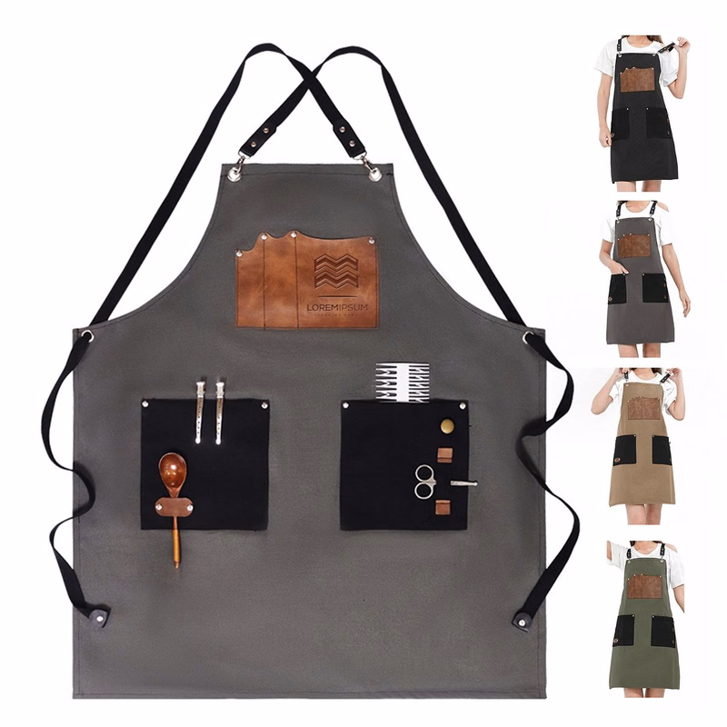 Cotton Canvas Work Apron With PU Leather Pockets