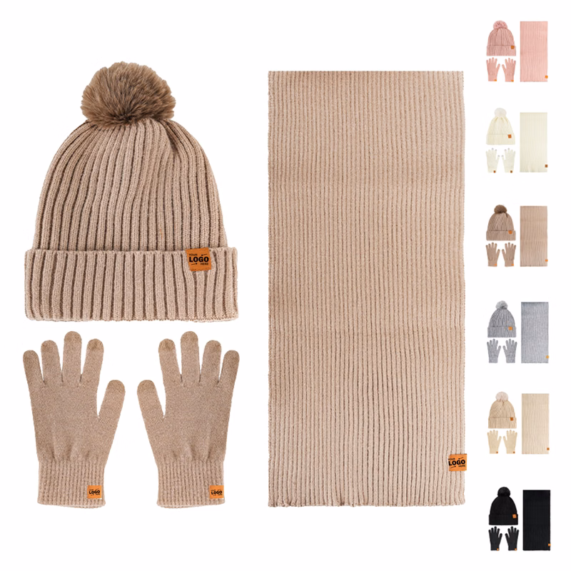 Fashionable Knitted Winter 3 Piece Set Beanie Scarf Gloves