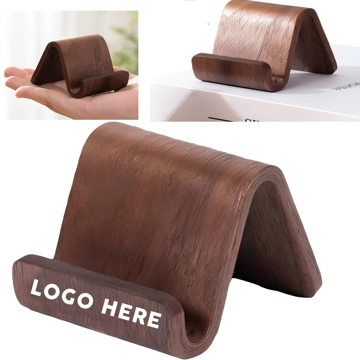 Curved Wood Mobile Device Desk Holder 1
