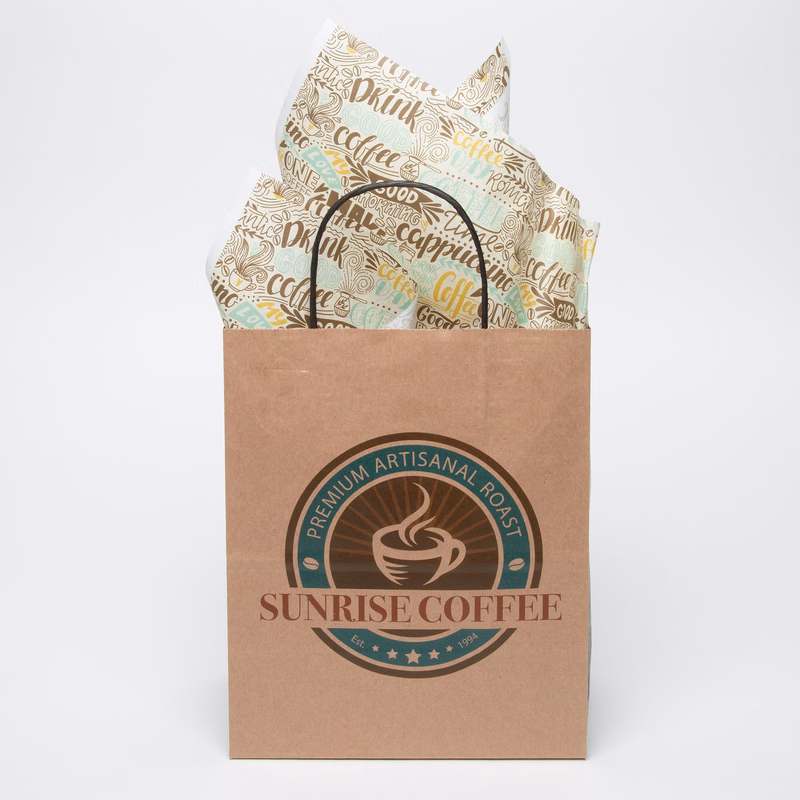 10.25" Natural Brown & Natural Handle Shopper with Tissue Paper Bundle