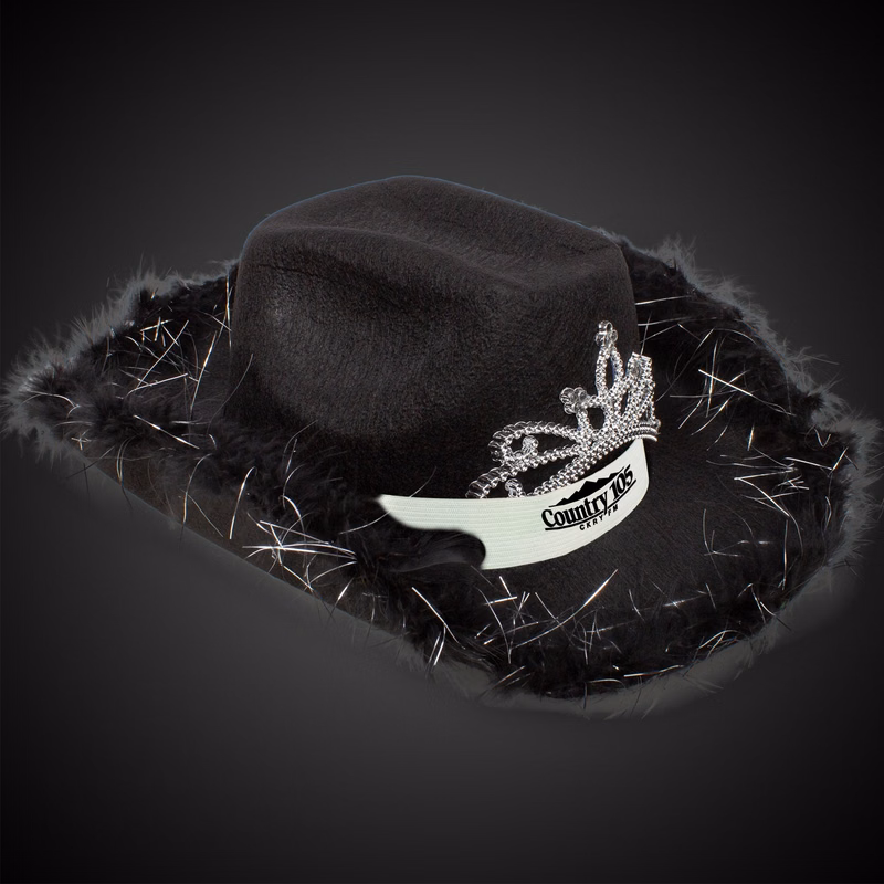 Black Light Up Cowboy Hat w/ Tiara and Feather(White Imprinted Band)