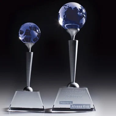 New Style Optical Crystal Blue Globe Award perched on Metal Pole,Small Size 1