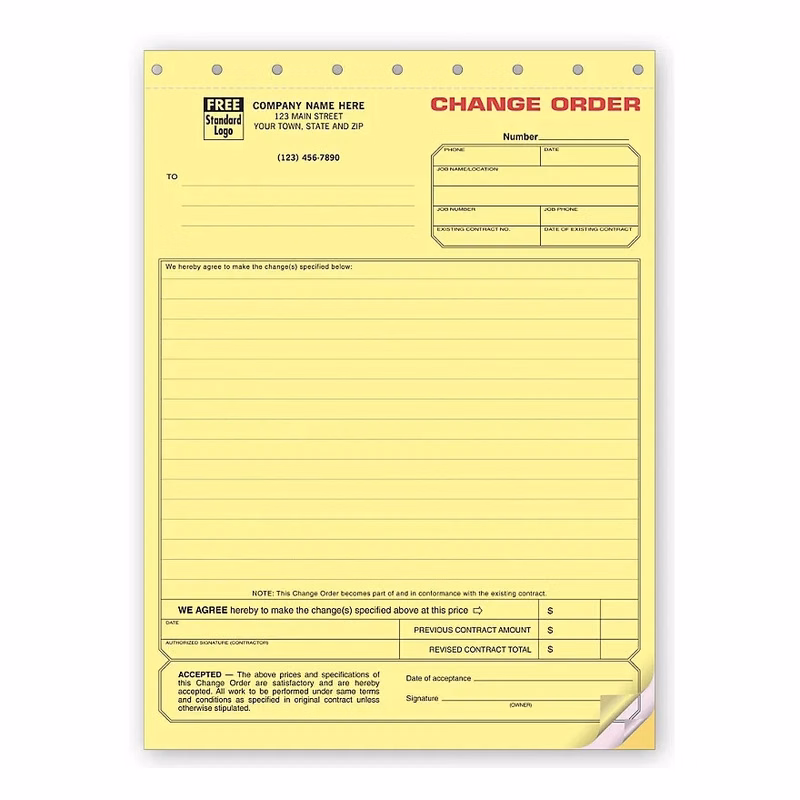 Change Order Forms, Carbonless, Contractors