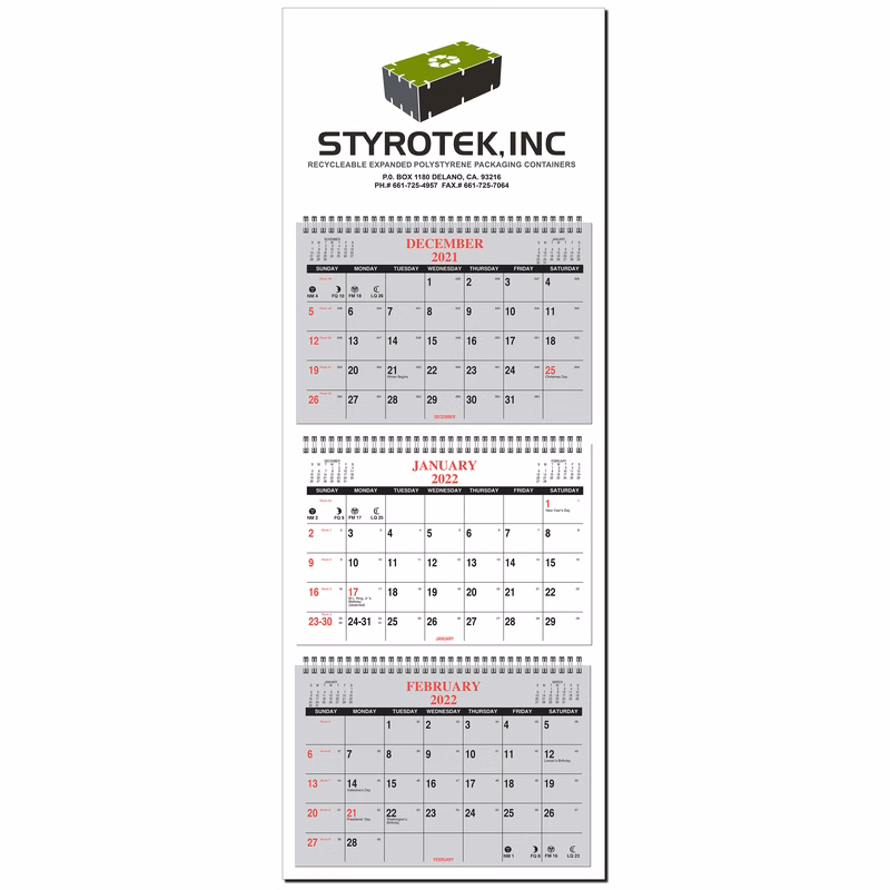 Three Month in View Four Panel Wall Calendar - One Color