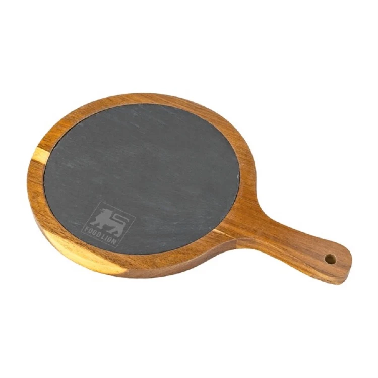 Small Flair Round Acacia Wood & Slate Serving Board w/Handle 1