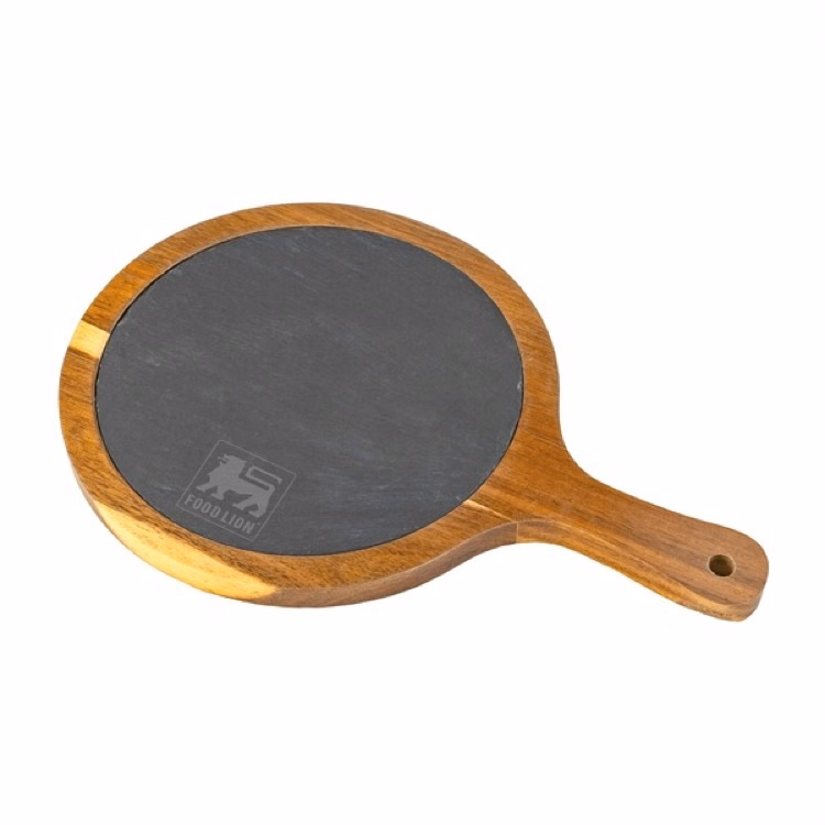 Small Flair Round Acacia Wood & Slate Serving Board w/Handle