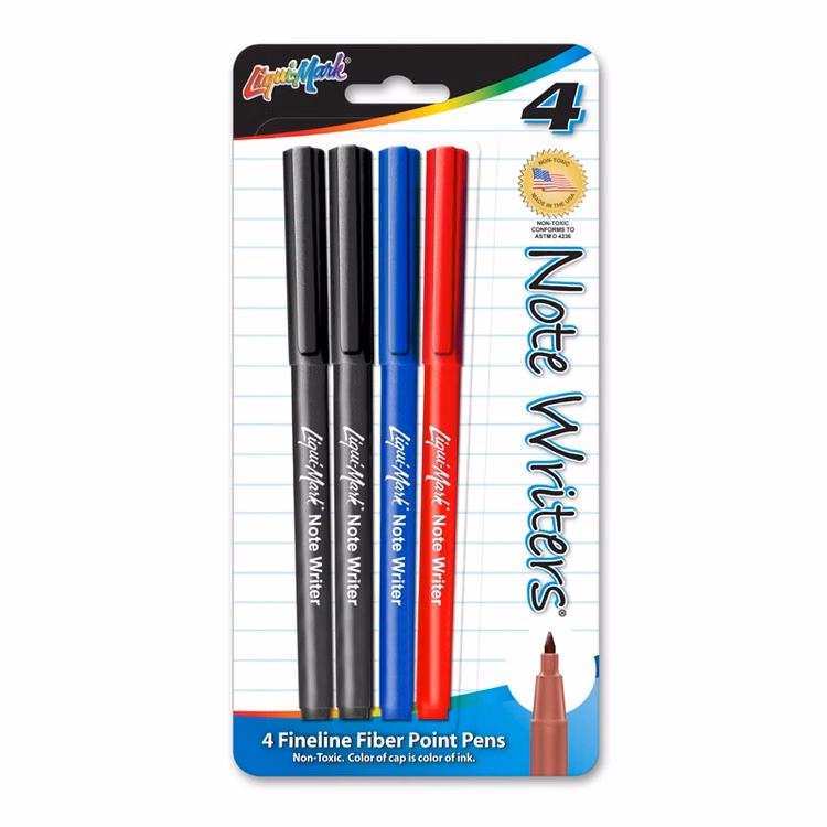 4 Pack Note Writer Pens Fiber Point Pens - Assorted Colors - Made in the USA
