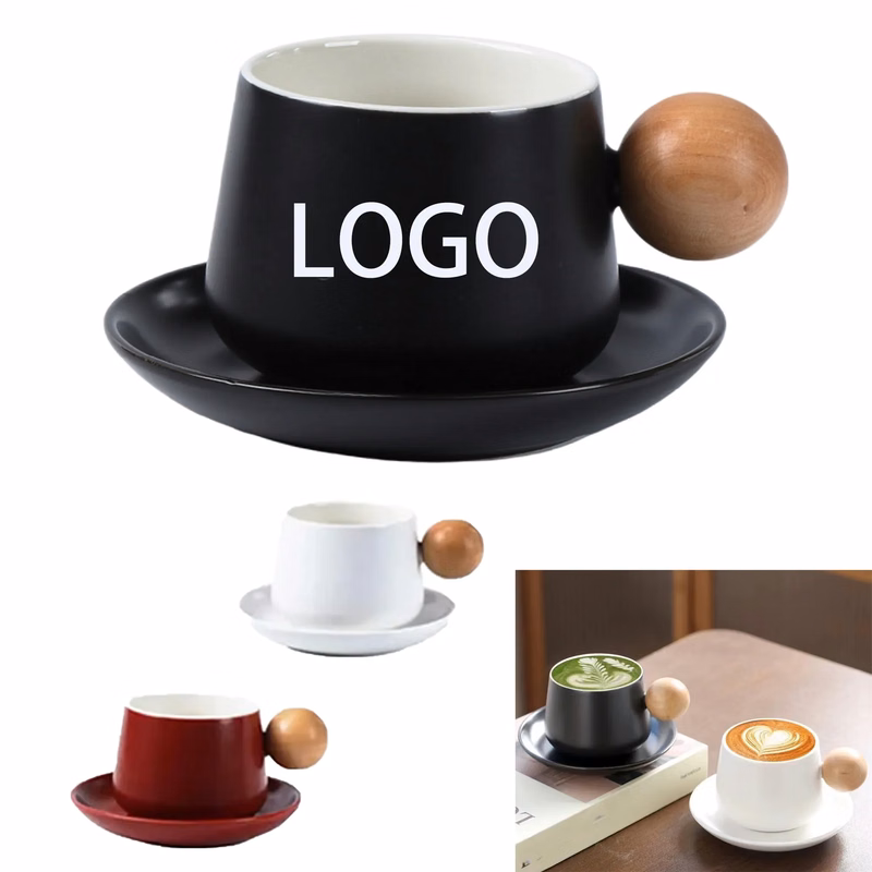 Ceramic Coffee Cup Set With Wooden Handle