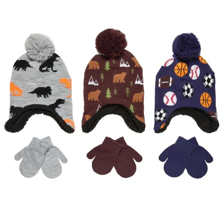 Infant/Toddler Boy Sherpa Lined Hats and Mitten Set 1