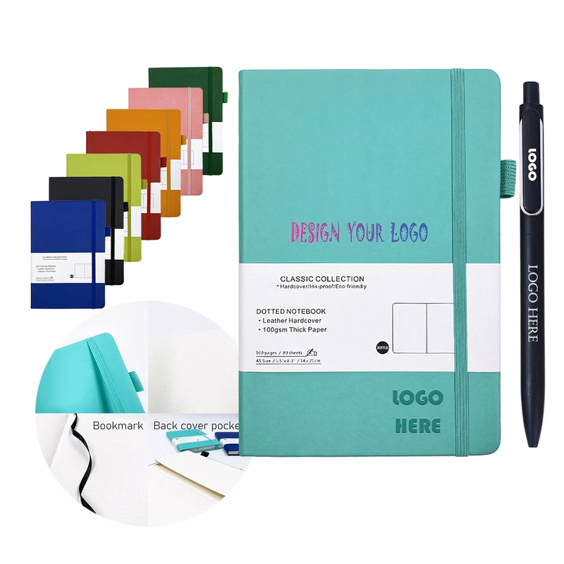 A5 Leather Cover Dotted Notebook With Metal Pen