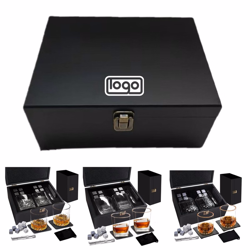 Whiskey Stones Glass Wooden Box Set