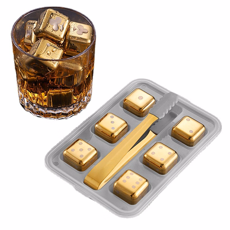 Set of 6 Reusable Square Stainless Steel Whisky Stones with Tongs