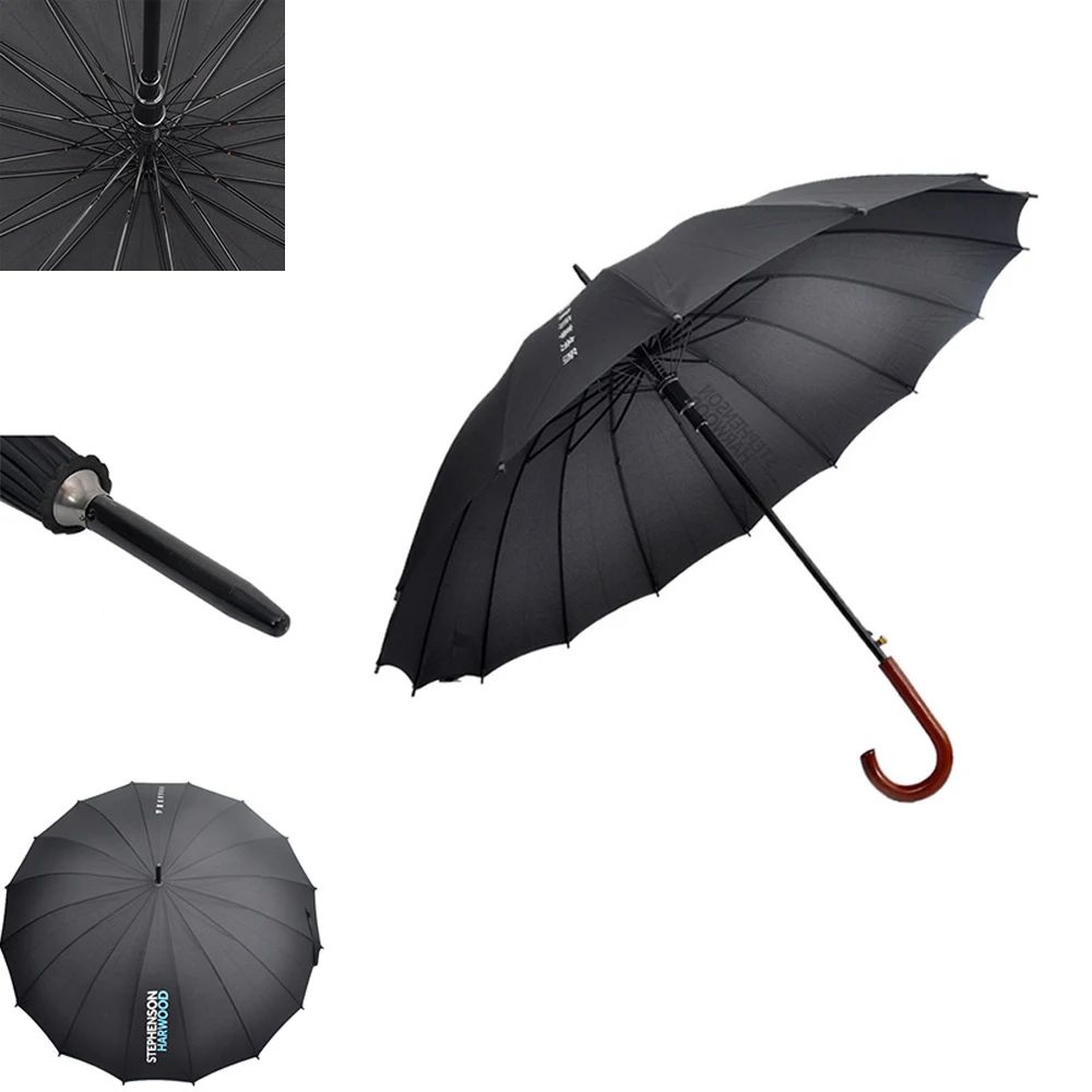 16 Ribs Auto Open Classic Wooden J Handle Cane Stick Golf Rain Umbrellas 1