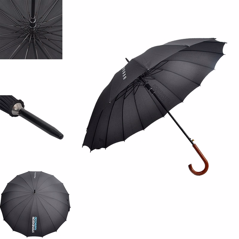 16 Ribs Auto Open Classic Wooden J Handle Cane Stick Golf Rain Umbrellas