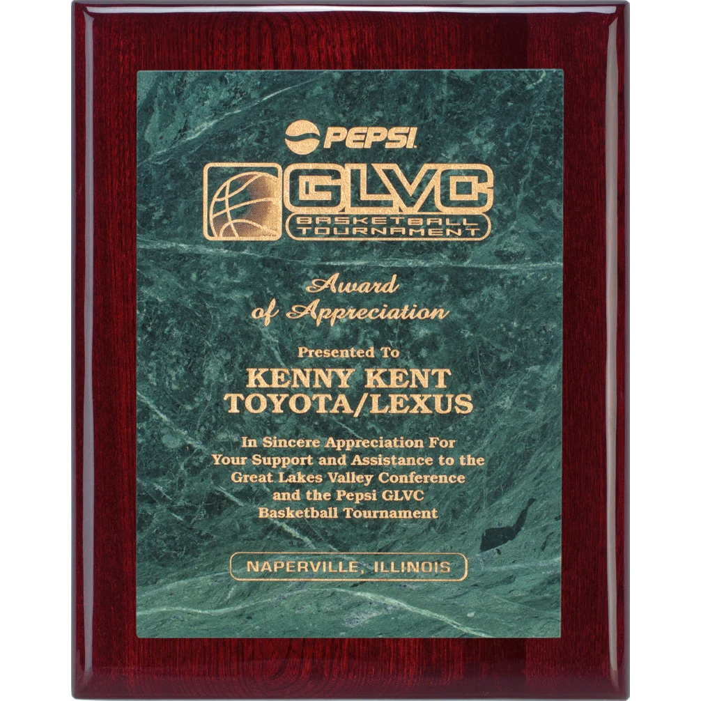 9" X 12" Piano Rosewood Plaque With Genuine Green Marble Attached 1