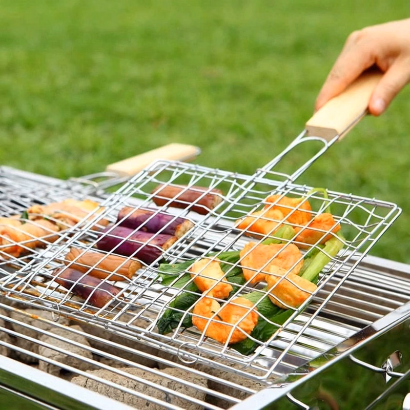 Barbecue Grill Basket with Wood Handle