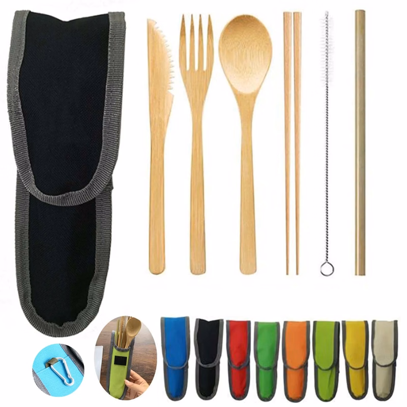 Bamboo Travel Utensil Set With Carabiner