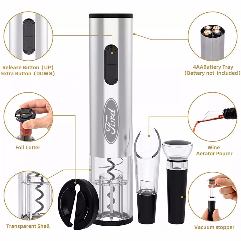 WineVault Veneto 4-Piece Electric Wine Opener Set – Includes Opener, Pourer, Stopper & Foil Cutter