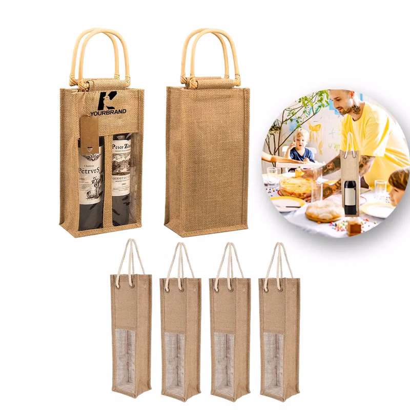 Reusable Natural Jute Wine Handle Bag With Clear Window