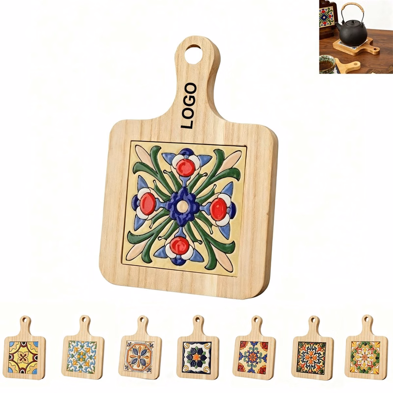 Retro Floral Tile Wood Trivet Kitchen Hot Dish Coaster
