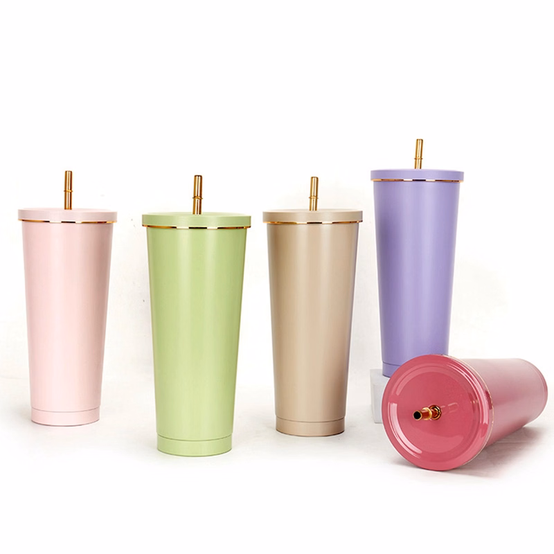 25 Oz. Double Wall Gold Edge Tumbler With Straw & Lid
