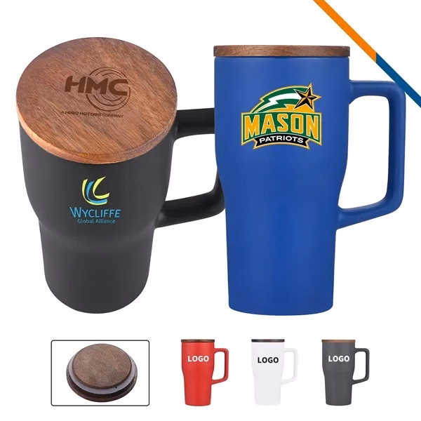 Custom 18 oz Ceramic Mug with Wooden Lid and Handle — Office & Gifting Coffee Drinkware